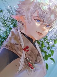  alisaie_leveilleur beige_jacket blue_eyes commentary_request earclip elezen elf female final_fantasy final_fantasy_xiv hair_ribbon jya korean_commentary leaf looking_to_the_side medium_hair plant pointy_ears ponytail portrait ribbon solo white_hair 