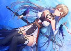  belt blue_thighhighs blush breasts bridal_gauntlets brown_hair cleavage clothing_cutout detached_sleeves female furen_e_lustario furen_e_lustario_(1st_costume) garter_straps hair_behind_ear hair_between_eyes knight large_breasts long_hair looking_at_viewer lying morichika_shuuto nijisanji partially_submerged red_eyes shoulder_cutout skirt solo string string_of_fate sword thighhighs very_long_hair virtual_youtuber water weapon white_skirt 