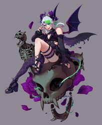  apricot_the_lich apricot_the_lich_(1st_costume) black_gloves black_nails blue_eyes blue_hair breasts claw_pose cleavage cleavage_cutout clothing_cutout demon_wings female fingerless_gloves flower gloves green_hair halterneck high_heels highres horns long_hair looking_at_viewer medium_breasts multicolored_hair multiple_horns open_hand open_mouth pointy_ears purple_flower purple_rose rose single_thighhigh sitting skull smile solo streaked_hair thigh_strap thighhighs virtual_youtuber vshojo wings zambiie 