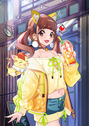  alternate_costume animal_ears bell blue_shorts brown_collar brown_eyes brown_hair cat_ears collar commentary cup drinking_straw fake_animal_ears female healin&#039;_good_precure highres hiramitsu_hinata holding holding_cup jacket jingle_bell looking_at_another midriff nail_polish navel neck_bell nyatoran_(precure) open_mouth outdoors precure purple_nails rumo short_hair shorts smile symbol-only_commentary twintails yellow_jacket 