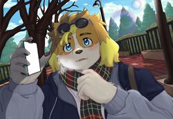  anthro blonde_hair blue_eyes blush breath canid canine canis cellphone city city_background city_street detailed_background domestic_dog electronics eyewear floppy_ears hair hi_res hisaki_(live_a_hero) kemono_gakubuti lifewonders live_a_hero male mammal pawpads phone scarf smartphone solo sunglasses 