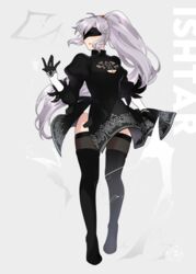  2b_(nier:automata) 2b_(nier:automata)_(cosplay) \||/ absurdres alternate_costume artist_name blindfold boots cosplay covered_eyes female fire_emblem fire_emblem:_genealogy_of_the_holy_war fire_emblem_heroes floating_hair full_body gloves grey_hair hair_ornament hand_up hannreina highres ishtar_(fire_emblem) jewelry leotard leotard_peek long_hair looking_at_viewer nier:automata nier_(series) open_mouth ponytail purple_eyes simple_background solo thighhighs variant_set very_long_hair watermark white_leotard 