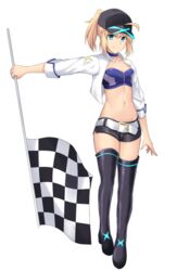  ahoge alternate_costume arm_at_side artoria_pendragon_(fate) bandeau baseball_cap belt black_footwear black_hat black_shorts black_thighhighs blonde_hair blue_choker boots breasts checkered_flag choker cleavage collarbone commentary_request cosplay crop_top cropped_jacket cross_(crossryou) fate/grand_order fate_(series) female flag full_body groin hair_through_headwear hat highres holding holding_flag jacket long_hair long_sleeves looking_at_viewer midriff mysterious_heroine_x_(fate) navel open_clothes open_jacket ponytail race_queen saber_(fate) saber_(fate)_(cosplay) saber_(type-moon_racing)_(fate) saber_(type-moon_racing)_(fate)_(cosplay) short_shorts shorts simple_background small_breasts smile solo standing stomach thigh_boots thighhighs white_background white_belt white_jacket 