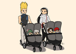  5boys aged_down baby black_hair blonde_hair closed_mouth commentary earrings english_commentary eye_contact female green_hair hairband headband highres jewelry kagura_chizuru kusanagi_kyou long_hair looking_at_another meitenkun multiple_boys nikaidou_benimaru pacifier red_hair short_hair shun&#039;ei smile standing stroller tanzong830 team_sacred_treasures_(kof) the_king_of_fighters the_king_of_fighters_xv white_hair yagami_iori 