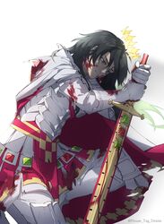  1boy absurdres armor black_hair blood blood_on_clothes blood_on_face blood_on_weapon brown_eyes cloak commentary constantine_xi_(fate) earrings fate/grand_order fate_(series) feet_out_of_frame gem gloves gradient_hair green_gemstone green_hair hair_between_eyes halo highres holding holding_sword holding_weapon house_tag_denim jewelry korean_commentary long_hair looking_down male_focus multicolored_hair on_one_knee pants parted_lips poleyn red_gemstone sheath sheathed simple_background solo sword tassel torn_cloak torn_clothes tunic twitter_username two-sided_fabric weapon white_armor white_background white_cloak white_footwear white_gloves white_pants white_tunic 