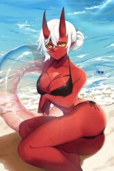  absurdres akumi_(yoclesh) arm_support bare_legs beach bikini black_bikini breasts cleavage closed_mouth colored_skin creature day demon_girl female hair_between_eyes hair_bun halterneck highres horns innertube large_breasts looking_at_viewer ohisashiburi_(style) oni_horns outdoors pointy_ears red_skin scar scar_on_arm scar_on_chest scar_on_leg second-party_source sitting solo swim_ring swimsuit virtual_youtuber vyugen water wet white_hair yellow_eyes yoclesh 