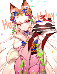  absurdres andou_inari andou_inari_official animal_ears birthday birthday_cake bow cake carrot_cake choumi_wuti_(xueye_fanmang_zhong) female figure flower food fox_ears fox_girl fox_tail fur hair_flower hair_ornament highres japanese_clothes joints kimono long_hair multicolored_hair nijisanji orange_hair red_eyes robot_joints solo streaked_hair tail virtual_youtuber virtuareal white_background white_hair 