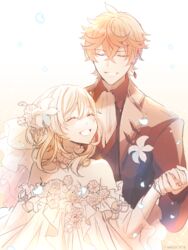  1boy annerica bare_shoulders blonde_hair closed_eyes collarbone dress female genshin_impact highres holding_hands lumine_(genshin_impact) off-shoulder_dress off_shoulder orange_hair parted_lips short_hair smile tartaglia_(genshin_impact) upper_body white_dress 