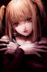  amane_misa bad_id bad_twitter_id black_background black_collar black_shirt blonde_hair blunt_bangs brown_eyes collar collarbone commentary death_note female hands_on_own_chest hands_up highres jewelry looking_at_viewer medium_hair misogu-san nail_polish off_shoulder red_nails ring shirt skull_ring solo spiked_collar spikes two_side_up upper_body 