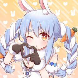  animal_ear_fluff animal_ears arm_cuffs bare_shoulders black_gloves blue_hair blush bow braid breasts brown_eyes carrot don-chan_(usada_pekora) female fur_trim gloves hairbow hands_up heart heart_hands highres hikimayu hime_ringo hololive long_hair looking_at_viewer multicolored_hair one_eye_closed parted_lips rabbit_ears rabbit_girl sash sidelocks signature sleeveless small_breasts solo standing twin_braids upper_body usada_pekora usada_pekora_(1st_costume) virtual_youtuber wristband 