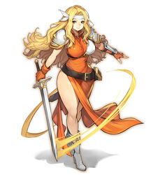  armor bare_legs belt blonde_hair boots breasts brigid_(fire_emblem) brown_eyes commission dress eyvel female fingerless_gloves fire_emblem fire_emblem:_genealogy_of_the_holy_war fire_emblem:_thracia_776 full_body gloves gurimjang headband high_heel_boots high_heels highres holding holding_sword holding_weapon large_breasts long_dress long_hair motion_lines muneate orange_dress orange_gloves pauldrons pixiv_commission popped_collar scabbard shadow sheath shoulder_armor side_slit single_vambrace solo standing sword taut_clothes taut_dress thighs vambraces weapon white_footwear white_headband wide_hips 