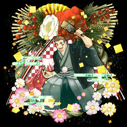  1boy absurdres alternate_costume arm_up bara black_eyes brown_hair checkered commentary egasumi facepaint flower hagoita hakama hane_(hanetsuki) hanetsuki haori haori_himo highres holding itaru_(kidomh63) japanese_clothes kajiya_kurogane kimono looking_at_viewer male_focus muscular muscular_male new_year open_mouth paddle shimekazari short_hair sideburns smile solo tabi thick_eyebrows tokyo_afterschool_summoners 