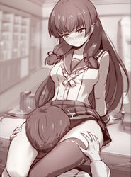  1boy admiral_(kancolle) arm_support asymmetrical_legwear blurry blurry_background blush book breasts collarbone desk desk_lamp female hair_ribbon head_between_thighs hhh_(wave) isokaze_(kancolle) jacket kantai_collection kneehighs lamp large_breasts long_hair looking_at_another military_jacket monochrome motion_lines neckerchief on_desk panties ribbon sailor_collar school_uniform scissorhold serafuku shirt short_hair single_kneehigh single_sock single_thighhigh sitting skirt socks sweatdrop thighhighs tress_ribbon underwear uneven_legwear 