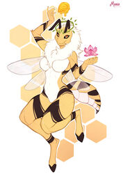  2023 antennae_(anatomy) anthro arthropod arthropod_abdomen bee black_sclera breasts crown digital_media_(artwork) featureless_breasts featureless_crotch female floating flower food headgear hi_res honey_(food) hooves hymenopteran insect_wings insects looking_at_viewer maaia neck_tuft noseless nude plant simple_background solo tuft wings 