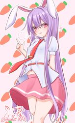  animal_ears arm_behind_back bare_legs carrot_background carrot_pin covered_nipples feet_out_of_frame female finger_gun hair_between_eyes hand_up highres long_hair midriff_peek navel necktie outline pink_eyes pink_skirt puff_of_air puffy_short_sleeves puffy_sleeves purple_hair rabbit_ears red_necktie reisen_udongein_inaba shirt short_sleeves skirt solo touhou usaka_ray very_long_hair white_outline white_shirt 