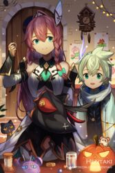  1boy :d ahoge animal aqua_bow aqua_eyes artist_name bare_shoulders black_capelet black_shirt blue_jacket bow braid breasts brick_wall brother_and_sister brown_hair bug capelet cleavage clock closed_mouth commentary cuckoo_clock door dragalia_lost dress english_commentary female green_eyes green_hair hair_between_eyes hairbow hentaki highres hood hood_down hooded_capelet indoors jack-o&#039;-lantern jacket louise_(dragalia_lost) lowen_(dragalia_lost) open_clothes open_jacket open_mouth pumpkin sewing shirt siblings silk smile spider spider_web thighhighs underboob vambraces wall_clock watermark web_address white_dress white_legwear 