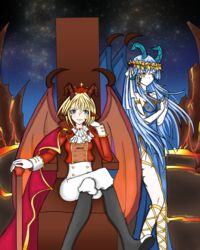  2girls aeliscar blue_hair coat dress highres horns lava lunastra monster_hunter:_world monster_hunter_(series) multiple_girls personification red_coat royal_robe sky sleeveless sleeveless_dress star_(sky) starry_sky teostra transparent_wings wooden_chair 