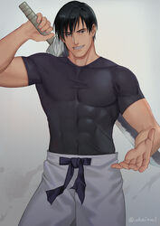  1boy arm_up artist_name bara black_hair black_shirt commentary_request compression_shirt contrapposto covered_abs covered_collarbone covered_navel covered_pectorals cowboy_shot fushiguro_touji grey_pants grin highres holding holding_sword holding_weapon jujutsu_kaisen looking_at_viewer male_focus muscular muscular_male open_hand pants reaching reaching_towards_viewer sanpaku scar scar_on_face scar_on_mouth shirt short_hair short_sleeves signature smile solo standing sword sword_behind_back taut_clothes taut_shirt twitter_username uhai variant_set weapon 