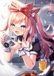  +_+ :d agnes_digital_(umamusume) amahara_pekozaemon animal_ears black_dress blue_eyes blue_nails blurry blurry_background bow breasts camera cleavage commentary_request cup depth_of_field dress drinking_glass drinking_straw drooling female food hairbow highres holding holding_camera horse_ears horse_girl horse_tail indoors long_hair nail_polish omelet omurice pink_hair plate puffy_short_sleeves puffy_sleeves red_bow saliva saliva_drip short_sleeves small_breasts smile solo tail tile_floor tiles two_side_up umamusume very_long_hair wrist_cuffs 