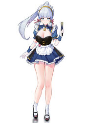  95--- absurdres alternate_costume apron armor black_footwear blue_eyes blunt_bangs blush breasts chinese_commentary cleavage closed_mouth corset elbow_gloves enmaided faulds female folding_fan frilled_skirt frills full_body genshin_impact gloves grey_hair hair_ribbon hairband hand_fan highres holding holding_fan kamisato_ayaka legs long_hair looking_at_viewer maid maid_apron maid_headdress mary_janes medium_breasts ponytail ribbon shoes sidelocks simple_background skirt solo standing tassel thighs tress_ribbon white_background white_gloves wrist_cuffs 