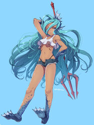  aqua_hair arm_up bare_shoulders blue_background blue_eyes dark-skinned_female dark_skin denim denim_shorts female fish_girl gills highres holding holding_weapon long_hair monster_girl murata_tefu navel original polearm scales short_shorts shorts simple_background trident weapon white_background 