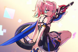  absurdres black_dress blue_eyes closed_mouth dress female highres honkai_(series) honkai_impact_3rd long_hair looking_at_viewer looking_back pink_hair prehensile_tail rozaliya_olenyeva rozaliya_olenyeva_(fervent_tempo) sleeveless sleeveless_dress solo sword tail twintails weapon yun-yang 