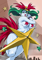  bishoujo_senshi_sailor_moon bishoujo_senshi_sailor_moon_s blue_eyes blue_skin bracelet breasts bright_pupils colored_skin cowboy_shot female green_hair highres indoors jewelry large_breasts long_hair looking_at_viewer mamesi_(suhk8583) pasties pointy_ears red_footwear revealing_clothes shiny_skin shoes solo star-shaped_pupils star_(symbol) star_pasties symbol-shaped_pupils thighs twintails u_choten yellow_headwear 