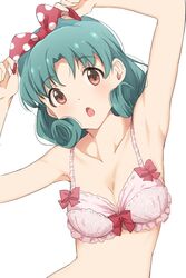  :o adjusting_bow aqua_hair armpits arms_up bad_id bad_twitter_id bare_arms bare_shoulders bow bow_bra bra breasts brown_eyes cleavage collarbone commentary curly_hair female floral_print frilled_bra frills hairbow head_tilt highres hiroki_(yyqw7151) idolmaster idolmaster_million_live! light_blush looking_at_viewer medium_breasts medium_hair open_mouth parted_bangs pink_bow pink_bra polka_dot polka_dot_bow print_bra red_bow simple_background solo tokugawa_matsuri underwear underwear_only upper_body white_background 