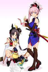  2girls armor black_hair black_headwear blue_eyes blush breast_curtains breasts chopsticks commentary_request cup_ramen detached_sleeves earrings eating fate/grand_order fate_(series) feather_hair_ornament feathers food full_body gloves gradient_background hair_ornament hat holding holding_chopsticks instant_noodle_block instant_soba instant_udon japanese_armor japanese_clothes jewelry katana kazuma_muramasa kimono kusazuri large_breasts long_hair looking_at_viewer maruchan_akai_kitsune_udon maruchan_midori_no_tanuki_tensoba medium_breasts miyamoto_musashi_(fate) miyamoto_musashi_(first_ascension)_(fate) multiple_girls navel noodles panties photoshop_(medium) pink_hair ponytail revealing_clothes sash short_kimono side_ponytail sidelocks soba socks sword tassel tate_eboshi thighhighs udon underwear ushiwakamaru_(fate) very_long_hair weapon white_legwear white_sleeves 