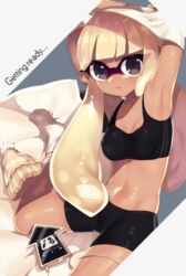  armpits bike_shorts black_eyes black_sports_bra blonde_hair commentary_request etsuo eyebrows female hat inkling inkling_girl inkling_player_character long_hair looking_at_viewer midriff navel partial_commentary sidelocks socks solo splatoon_(series) splatoon_1 sports_bra tentacle_hair undressing unworn_hat unworn_headwear 