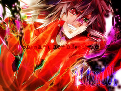  ame_erika bad_id bad_pixiv_id banned_artist blazblue blood character_name copyright_name devoured_by_darkness epic heterochromia male_focus manly ragna_the_bloodedge silver_hair smile solo 