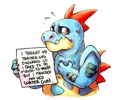  2015 ambiguous_gender anthro black_body black_scales blue_body blue_scales bodily_fluids claws conversational_sign croconaw dogshaming english_text generation_2_pokemon holding_object holding_sign humor irony meme nervous nintendo nude phantastus placard pokemon pokemon_(species) red_body red_eyes red_scales reptile scales scalie sign simple_background solo spikes sweat teeth text white_background yellow_body yellow_scales 