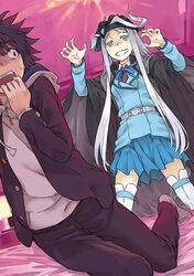  1boy a_certain_high_school_uniform aleis-tan aleister_crowley_(toaru_majutsu_no_index) black_hair blazer blue_jacket cover_image female gakuran genderswap_(mtf) green_eyes grey_hair haimura_kiyotaka hat hood hoodie jacket kamijou_touma long_hair novel_illustration official_art rule_63 school_uniform skirt spiked_hair spoilers toaru_majutsu_no_index toaru_majutsu_no_index:_new_testament witch witch_hat 