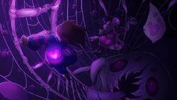  androgynous black_hair brown_hair cup english extra_eyes fangs female frisk_(undertale) gameplay_mechanics glowing glowing_eyes heart insect_girl ladder long_sleeves monster monster_girl muffet muffet&#039;s_pet multiple_arms open_mouth palidoozy-art paper pink_eyes purple_eyes shirt short_twintails silk spider spider_girl spider_web striped striped_shirt striped_sweater sweater teacup teapot teeth twintails undertale 