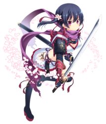  absurdres amamiya_minato armor bad_id bad_pixiv_id black_hair breasts cherry_blossoms cleavage female floral_print full_body highres japanese_armor japanese_clothes katana kote medium_breasts original purple_eyes scarf sheath short_hair shoulder_armor side_ponytail sode solo sword thighhighs transparent_background unsheathed weapon 