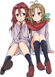  2girls abe_kanari antenna_hair blush brown_eyes brown_hair commentary_request hair_ribbon high_school_fleet himeji_kayoko kneehighs loafers long_hair matsunaga_ritsuko multiple_girls open_mouth photoshop_(medium) red_hair ribbon scarf school_uniform shared_clothes shared_scarf shoes short_hair short_twintails sitting smile socks twintails 