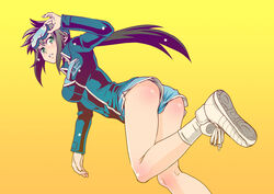  ass back black_hair blue_shorts blush commentary_request female goggles green_eyes jacket long_hair looking_at_viewer looking_back open_mouth original photoshop_(medium) shoes short_shorts shorts socks solo usumy white_socks yellow_background 