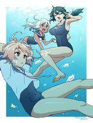  3girls ahoge air_bubble arms_behind_head bad_id bad_twitter_id barefoot blonde_hair blowing_bubbles blue_eyes breasts breath bubble commentary_request diving dress female_admiral_(kancolle) flower freediving goggles goggles_on_eyes hair_flower hair_ornament holding_hands i-58_(kancolle) ikeshita_moyuko kantai_collection large_breasts multiple_girls one-piece_swimsuit pink_eyes pink_hair ponytail ro-500_(kancolle) sailor_dress school_swimsuit school_uniform shiomi_kaoru sidelocks smile swimming swimsuit tan underwater 