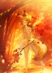  animal_ears autumn autumn_leaves bad_id bad_pixiv_id bare_legs bare_shoulders barefoot blush branch brown_eyes brown_hair dappled_sunlight dress female flower food forest fox_ears fox_tail from_behind fruit hair_flower hair_ornament hair_ribbon highres leaf long_hair looking_at_viewer looking_back maple_leaf nature nose_blush oerba_yun_fang orange_theme original outdoors photoshop_(medium) ribbon river rock short_dress smile solo strapless strapless_dress stream sundress sunlight tail tree twintails vip wading water wristband 