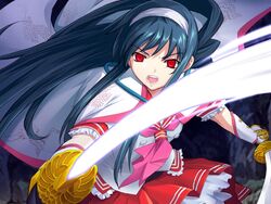  alice_soft big_bang_age blue_hair daibanchou female game_cg kyoudou_senna long_hair open_mouth red_eyes solo sword weapon 