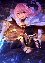  armor bangs black_legwear black_ribbon black_skirt boots fate/apocrypha fate_(series) fur-trimmed_cloak fur_trim garter_straps gauntlets gloves hair_between_eyes hair_ribbon highres looking_at_viewer navel oerba_yun_fang open_mouth pillow pink_eyes pink_hair ribbon rider_of_black skirt smile solo thighhighs trap weapon zettai_ryouiki 