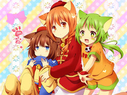  3boys :d animal_ears bad_id bad_pixiv_id ball bell blue_eyes blue_scarf blush braid brown_hair cat_boy cat_ears chinese_clothes clothes_writing cowboy_shot dora-nichov dora-rinho doraemon green_eyes green_hair hair_over_shoulder hat heart jewelry jingle_bell long_sleeves looking_at_viewer male_focus multiple_boys oerba_yun_fang open_mouth orange_eyes orange_hair otoko_no_ko paw_print pendant personification scarf shirt short_sleeves single_braid sitting smile soccer_ball standing t-shirt tangzhuang teeth the_doraemons uguisu_mochi_(ykss35) wang_dora 