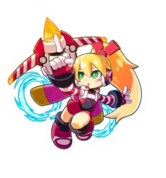  alpha_transparency android bow call_(mighty_no._9) chibi female full_body gloves green_eyes hairbow headset highres hookshot jetpack long_hair mighty_gunvolt mighty_gunvolt_burst mighty_no._9 natsume_yuji official_art open_mouth orange_hair parted_lips ponytail simple_background solo transparent_background weapon 