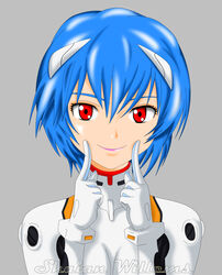  absurdres angels ayanami_rei blue_hair bodysuit female highres lips neon_genesis_evangelion plug_suit plugsuit red_eyes rei short_hair simple_background skin_tight smile solo 