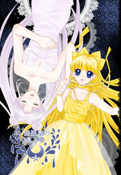  2girls age_difference aged_down aino_minako bare_shoulders bishoujo_senshi_sailor_moon bishoujo_senshi_sailor_moon_(first_season) blonde_hair blue_eyes bow choker closed_eyes commentary_request cover cover_page crescent crescent_brooch crescent_facial_mark doily double_bun doujin_cover dress facial_mark fingernails forehead_mark hair_bun hairbow half_updo highres light_purple_hair long_hair millipen_(medium) multiple_girls parted_bangs parted_lips princess_venus queen_serenity ribbon ribbon_choker silver_hair strapless strapless_dress traditional_media tsuyuko_(tsuyasan) upside-down very_long_hair white_dress white_hair yellow_bow yellow_choker yellow_dress yellow_ribbon 