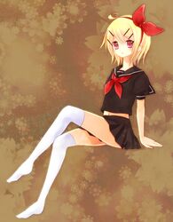  ahoge ame_usako bad_id bad_pixiv_id banned_artist blonde_hair crossed_legs hair_ornament hair_ribbon hairclip kagamine_rin legs lost_one_no_goukoku_(vocaloid) navel red_eyes ribbon school_uniform serafuku short_hair sitting skirt solo thighhighs vocaloid zettai_ryouiki 