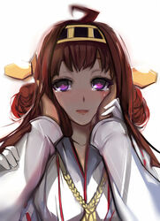  ahoge blush brown_hair commentary_request female gloves hands hands_on_another&#039;s_cheeks hands_on_another&#039;s_face highres kantai_collection kongou_(kancolle) nontraditional_miko purple_eyes solo_focus sound_tamashi tears white_gloves 