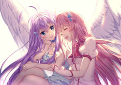  ^_^ ahoge arm_holding artist_name backlighting bangs blue_eyes closed_eyes commentary_request eyebrows_visible_through_hair feathered_wings hair_between_eyes hand_on_own_cheek long_hair looking_at_another multiple_girls open_mouth original parted_lips pink_hair puffy_short_sleeves puffy_sleeves purple_hair rosuuri short_sleeves sidelocks simple_background sitting smile teeth white_background white_wings wings 