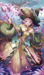  :d breasts circlet cleavage commentary_request dress female flower fur_trim granblue_fantasy green_dress green_eyes green_hat hat holding lace lace-trimmed_dress lace_trim leaning_forward lennah long_sleeves medium_breasts open_mouth petals purple_hair shion_(kizuro) short_hair smile solo staff tree wide_sleeves witch witch_hat wizard_hat 