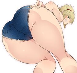  1gir ass ass_grab blonde_hair blush character_request fate/grand_order fate_(series) green_eyes grin hand_on_hips hips huge_ass large_ass ponytail saber saber_of_red sekiyu_(spartan) short_shorts simple_background smile tagme teeth thick_thighs thighs white_background wide_hips 